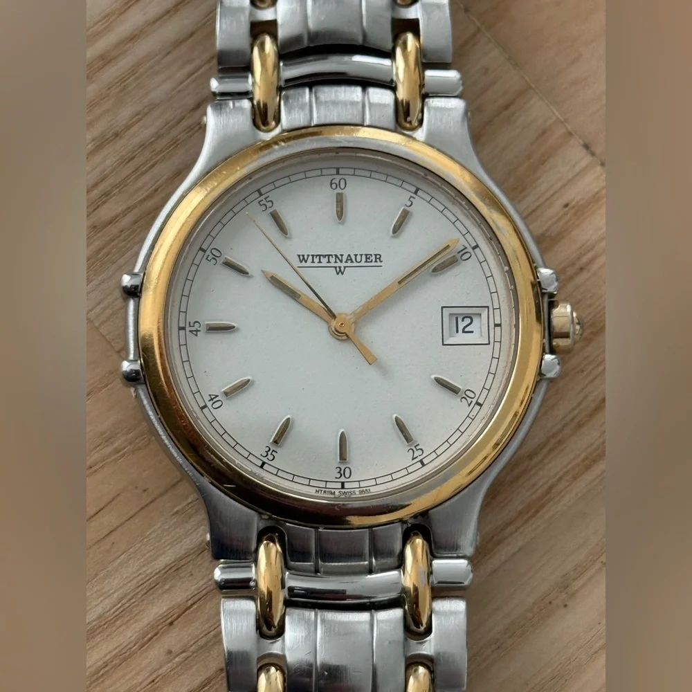 Wittnauer Vintage Luxury Watch Two-Tone Bracelet Case White Dial Date Window